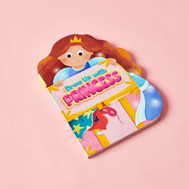 Cover of "Dress Up with Princess" refurbished shaped board book featuring a young girl in various career outfits