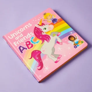 Cover of "Unicorns and Friends ABC" refurbished board book featuring unicorns and magical creatures
