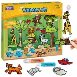 Window Art Jungle DIY Glass Painting Kit for Kids with 12 Jungle Suncatchers and 11 Paint Tubes