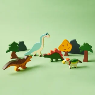 Refurbished Dinosaur World 9 Piece Wooden Toy Set for Kids