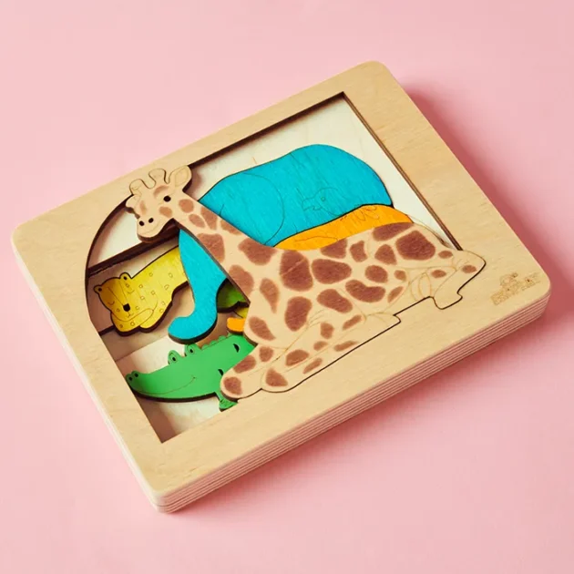 Refurbished Jungle Animal Puzzle – Eco-Friendly Multi-Layered Wooden Toy for Toddlers