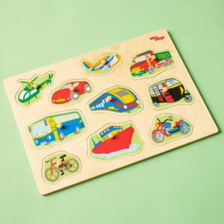 Refurbished Vehicles Puzzle – Wooden Tray with Knobbed Vehicle Pieces for Kids