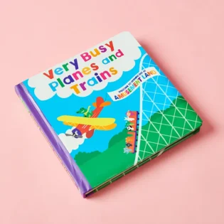 Cover of Very Busy Planes and Trains board book showing cable car, plane, and train