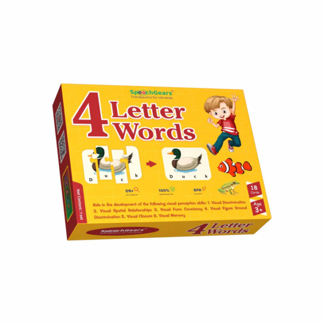 Four-piece puzzle showing a 4-letter word and corresponding image for early vocabulary building.