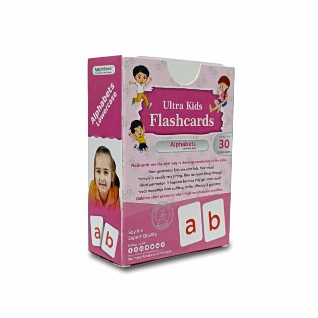 Flashcards showing lowercase letters a to z on clean, white cards