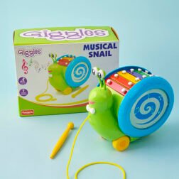 Refurbished Musical Snail Pull-Along Toy with Xylophone and Drum for Toddlers