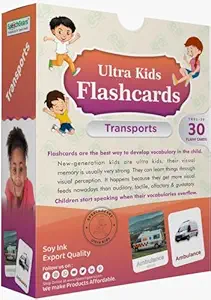 Transport flashcards for kids showing car, train, bus, plane, and boat