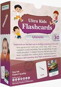 Flashcards showing various kitchen utensils for kids