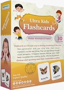 Water Animals & Insects flashcards with clear images of fish, seahorse, butterfly, and bee