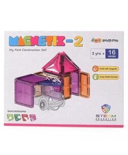 Colorful magnetic construction tile toy set with 16 3D building pieces for kids